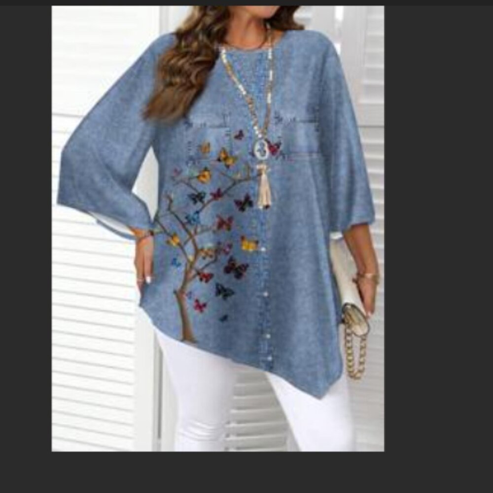 NWT Emery Rose 3XL Non Denim Blue Tunic Asymmetrical Butterfly Kimono Shirt